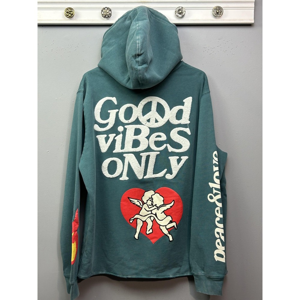 Alpha Collective Hoodie Mens Medium Teal Pullover Peace Love Graphic‎ Good Vibes